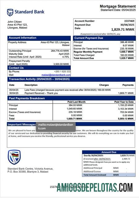 imprimível Modelo Word e PDF de declaração de hipoteca do Malawi Standard Bank Malawi